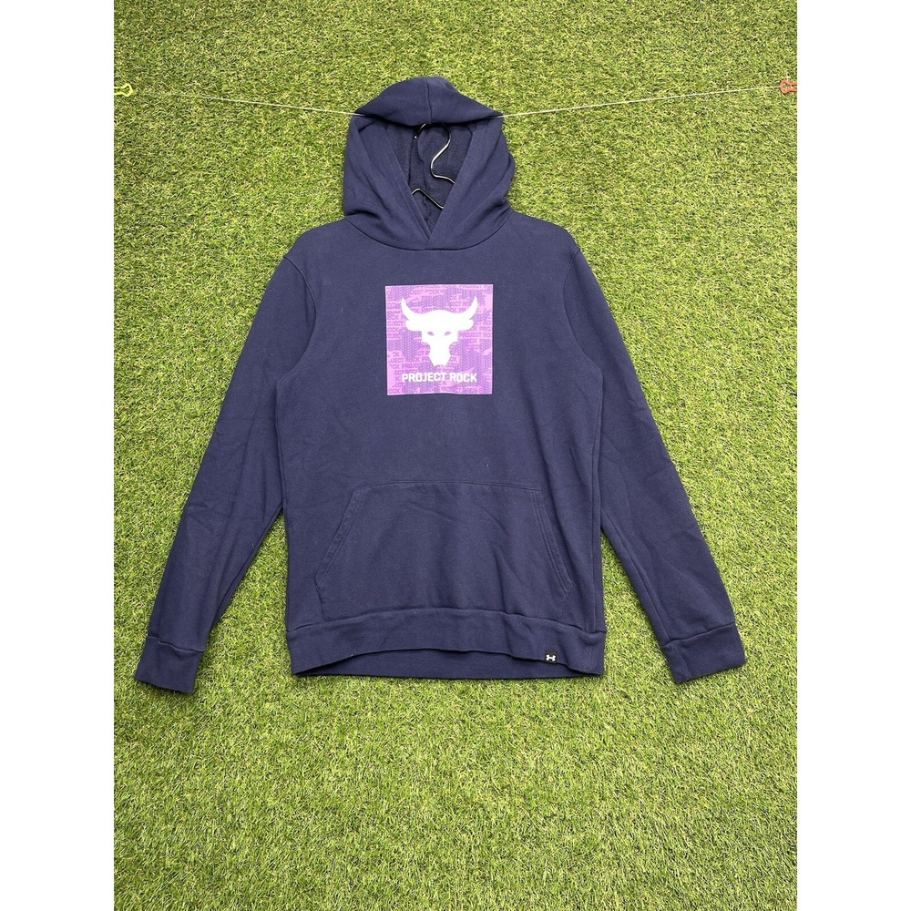 Under Armour Project Rock Hoodie Youth Boys XL Blue Pullover Sweatshirt Gym
